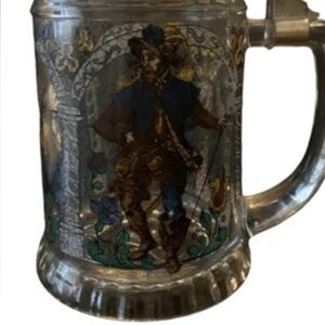Vintage West German Germany Glass Beer Stein With Pewter Lid Stained Glass Look